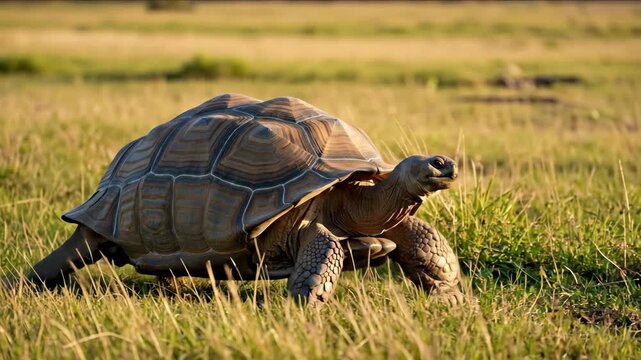 Tortoise walking slowly through dry grassland with textured shell pattern visible. Desert wildlife adaptation footage for nature documentaries and reptile behavior study content