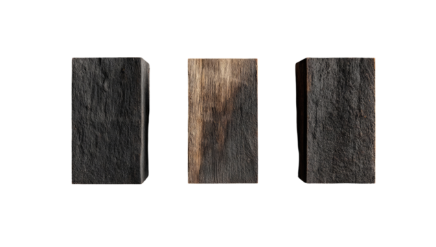 Three rectangular blocks of dark-toned wood, close-up, isolated on black background.  Each block displays a slightly different wood grain texture