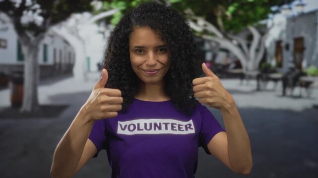 Woman with curly hair wearing volunteer shirt giving thumbs up on a street backdrop outdoors showcasing positivity and community spirit