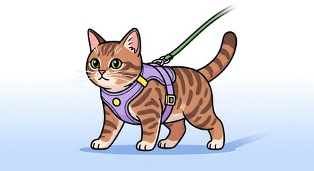 Cartoon cat with harness for walking, a digitally drawn domestic cat with harness prepared for outdoor walks and adventures. Little cat with harness, ready for a stroll,