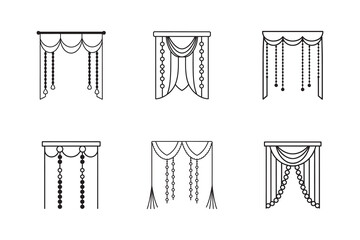 Set of Six Decorative Curtain Outline Illustrations with Varied Designs and Beaded Accents for Interior Decor