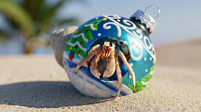 Hermit crab in painted christmas ornament shell on sandy beach with tropical decorations. Holiday beach concept for tropical christmas celebrations, coastal tourism and festive vacation promotions