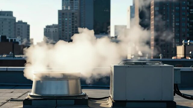 Industrial HVAC equipment with steam vapor on city rooftop at sunset. Urban infrastructure concept for building maintenance services, commercial cooling systems and mechanical engineering campaigns