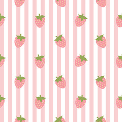 Pink Strawberries Seamless Pattern. striped background. Perfect for Prints, Wrapping Paper, Wallpaper, Textiles, Stationery, and Fabric.