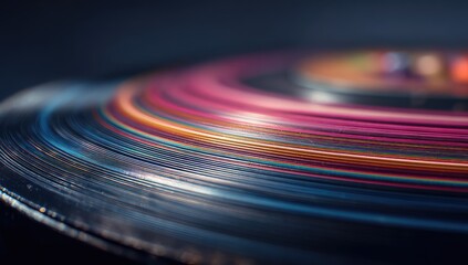 Abstract concentric rings of vibrant, swirling colors.  A close-up view of textured, layered bands, creating a dynamic, almost 3D effect.  Dark background enhances the colorful patterns