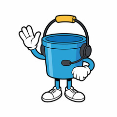 Friendly blue bucket character wearing headphones and waving hello © SnapArtStock