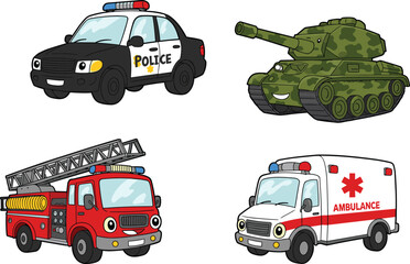 Cartoon emergency and military vehicles illustration, police car, ambulance, fire truck, army tank for kids, educational transport drawing © Digital Galaxy 