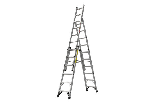 Adjustable metal extension ladder against a black background.