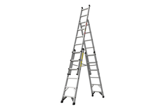 Adjustable metal extension ladder against a black background.