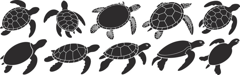Turtle silhouette set, black vector illustration, swimming sea turtles, shell pattern icons, aquatic animal design, marine wildlife art