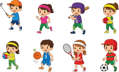 Group of cartoon kids playing various sports, fun children activity illustration, boys and girls in athletic action, colorful sports characters