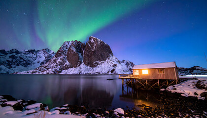 Majestic Aurora Borealis over Snowy Lofoten Islands, Norway Landscape
