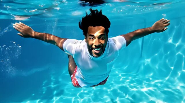 Man swimming underwater in clear blue pool with arms spread wide and joyful expression. Aquatic recreation concept for swimming lessons, fitness programs and pool facility promotions