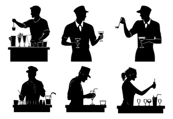 Bartenders silhouette vector collection of men mixing drinks and serving behind bar counter