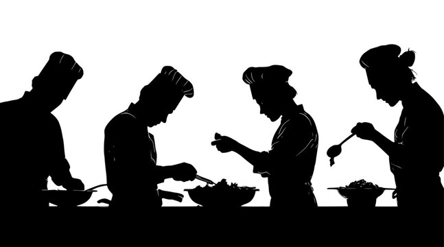 Team of chefs silhouettes cooking and preparing meals in a professional kitchen