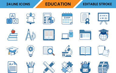 Set of 24 Editable Stroke Line Icons for Education – School Supplies, Learning Tools, Online Classes, and Academic Elements in Blue Outline Style
