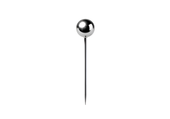 Polished metallic pin with spherical head against a black background.