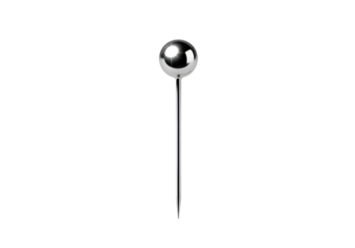Polished metallic pin with spherical head against a black background.
