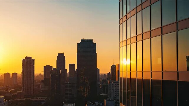 Urban cityscape with glass building reflecting golden sunset and skyscrapers silhouetted against orange sky. Downtown business district concept for corporate services, real estate marketing