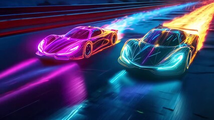 Two vibrant racing cars accelerate alongside each other on a high tech racetrack at night, leaving colorful neon light trails - Powered by Adobe