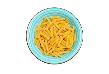 Raw penne pasta in turquoise bowl
