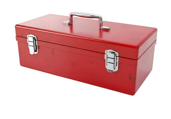Red metal toolbox with latches.