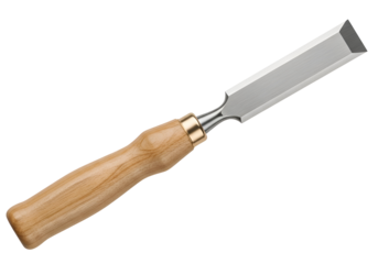 Wooden-handled carving tool isolated on black background.