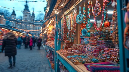 Fototapeta premium Colorful beaded jewelry displayed at a market stall.