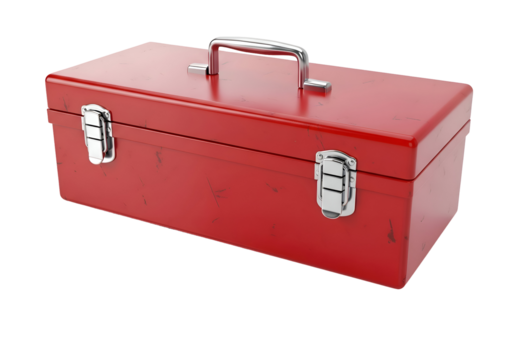 Red metal toolbox with latches.