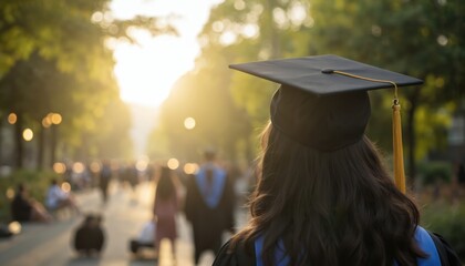 Graduate in black cap, gown stands on cobblestone sidewalk facing away from camera. Silhouette of building, trees in background. Group of people walking in distance. Serene sunset scene with orange,