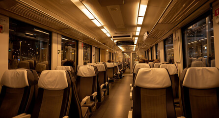 Modern train interior at night with black and white seats illuminated by warm ambient lighting design