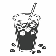 Iced coffee drink in plastic cup with straw and ice cubes  