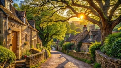 Obraz premium Golden Hour Serenity Picturesque Village Lane with Stone Cottages Bathed in Warm Sunlight
