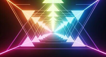 Geometric rainbow tunnel of light stretching into infinite digital horizon with futuristic glow