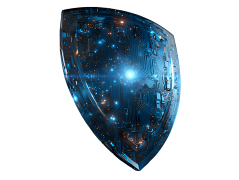 Digital Blue Shield with Circuit Patterns and Glowing Core, Tech-Themed Design, Isolated on Transparent Background.png