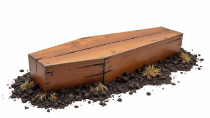 Wooden coffin resting on ground, surrounded by dirt and sparse grass, evokes sense of mystery and contemplation