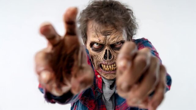 terrifying zombie lunging forward with decayed skin, glowing eyes, open mouth with sharp teeth, torn and bloody clothing, reaching with rotting hands, isolated on white background. concept art for Hal