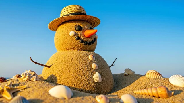 Sandman made from beach sand wearing straw hat with seashells and orange carrot nose. Summer beach creativity concept for holiday vacation and family entertainment content