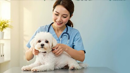 Woman veterinarian holding white maltese dog in blue medical scrubs at clinic examination table. Pet healthcare concept for veterinary services, animal care promotions and medical treatment campaigns