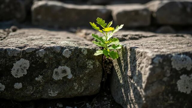 Small green plant growing through crack in concrete stone wall with lichen patches. Resilience concept for motivational content, environmental awareness and urban nature adaptation campaigns