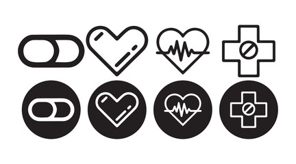 Medical Icons Set. Stethoscope, Syringe, First Aid Kit, Pill in Line and Solid Style. Victor illustration eps10