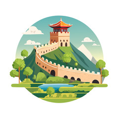 Cartoon Great Wall of China illustration featuring mountains, trees, and a traditional tower.