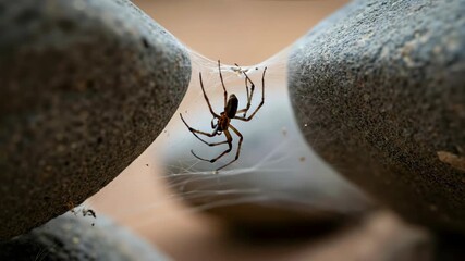 Spider sitting in center of web between concrete posts with dewdrops on silk strands. Arachnid behavior footage for nature documentaries and insect study educational content