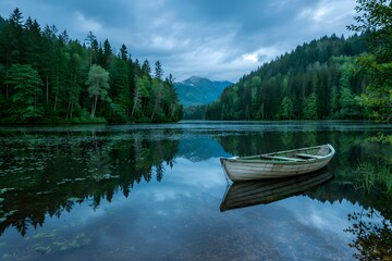 Obraz premium Rowboat on the eibsee lake surrounded by forest and mountains in bavaria