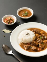 Velvety Beef Curry with Fragrant Spices, Served with Fluffy Rice & Zesty Pol Sambol