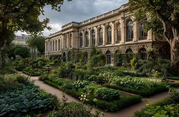 Obraz premium Elegant botanical garden beside classical building filled with vibrant green vegetables and flowers