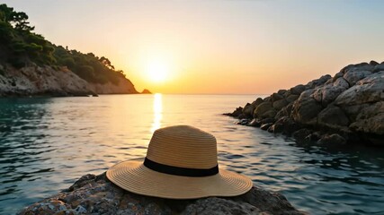 Sun hat sitting on rocky coastline watching ocean sunset with warm golden light. Coastal relaxation footage for travel promotions and wellness retreat campaigns