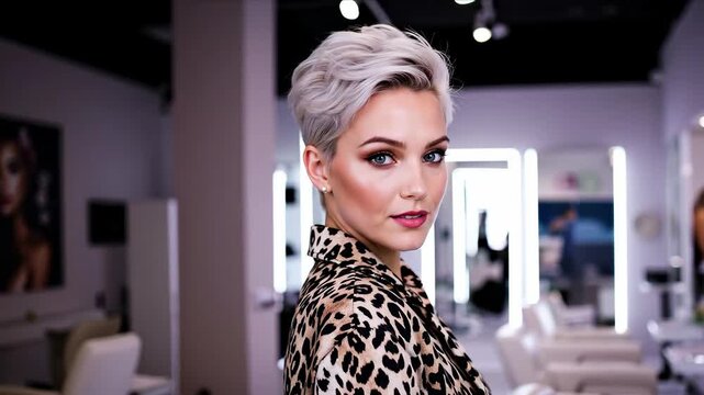 Woman with platinum blonde pixie cut wearing leopard print top in modern salon interior. Hair styling concept for salon services, short haircut promotions and professional beauty treatment campaigns