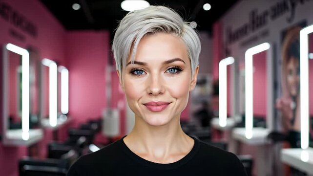 Woman with short blonde hair smiling in modern salon with pink lighting and mirrors background. Beauty salon concept for hairdressing services, cosmetic treatments and professional styling campaigns