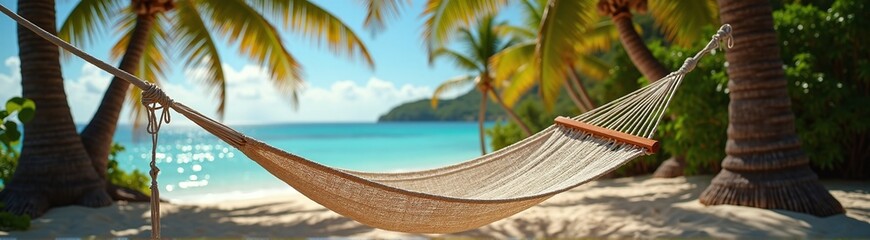 Hammock on a sunny, secluded tropical beach&mdash;warmth, relaxation, pure escape